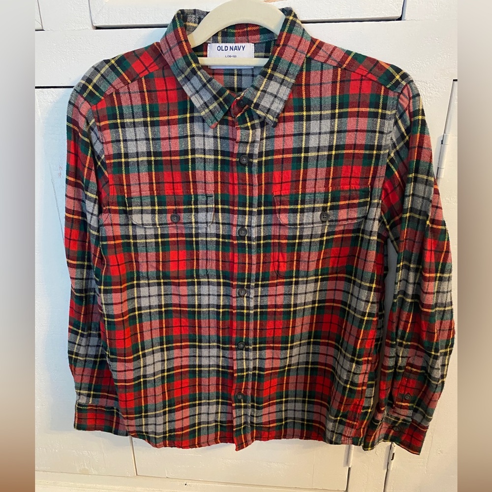 Old navy flannel Christmas plaid shirt long sleeve button-down size L